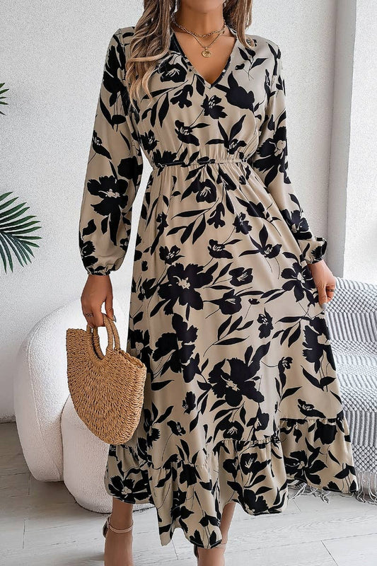 V-NECK PRINT LONG-SLEEVED DRESS WITH WAIST TUCKED