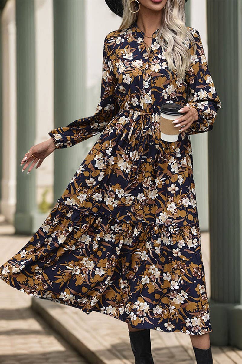 VINTAGE PRINT LONG SLEEVE V NECK DRESS