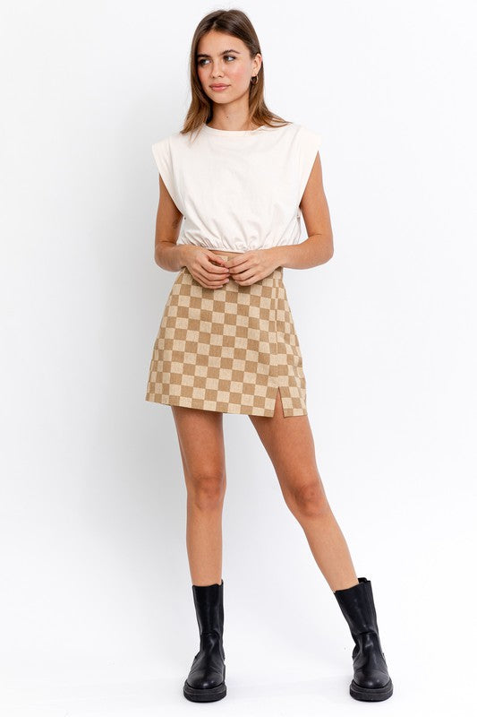 Checkerboard Print Slit Mini Skirt