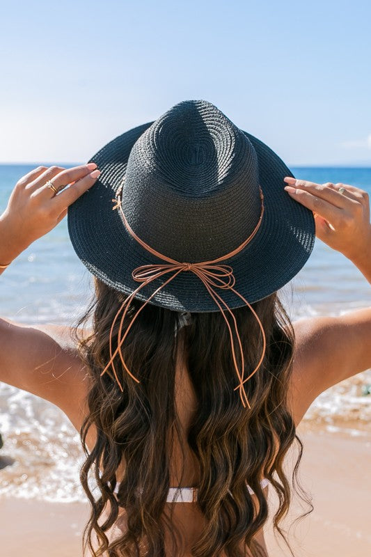 Beaded Belt Straw Panama Fedora Hat