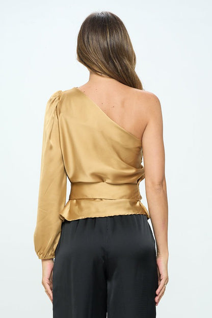 Stretch Satin One Shoulder Formal Top with Tie