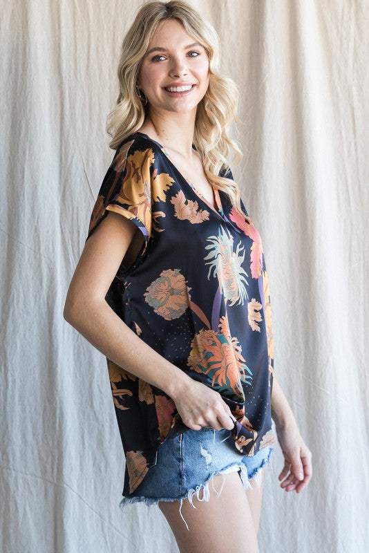 Satin Floral Print Cap Sleeve Top -Black