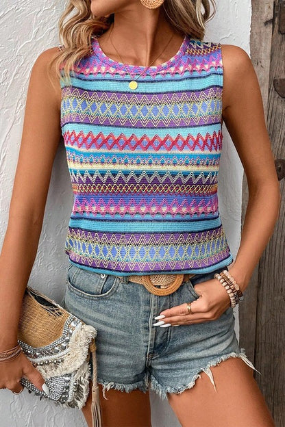 Ethnic Wavy Pattern Round Neck Sleeveless Top