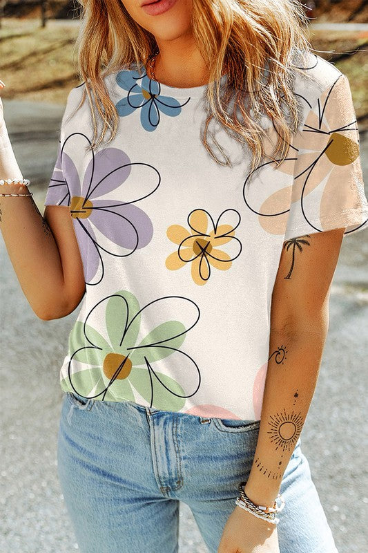 Women Flower Print Casual Round Neck T Shirt