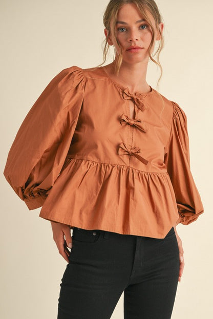 Bow Ties Peplum 3/4 Sleeves Top