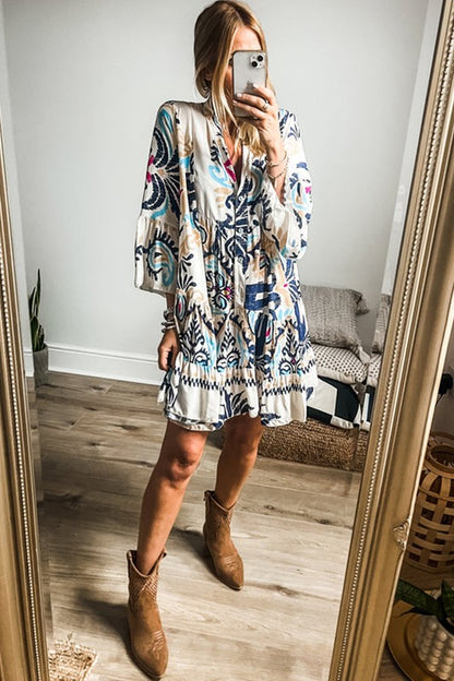 Women Print Bracelet Sleeve Buttoned Mini Dress