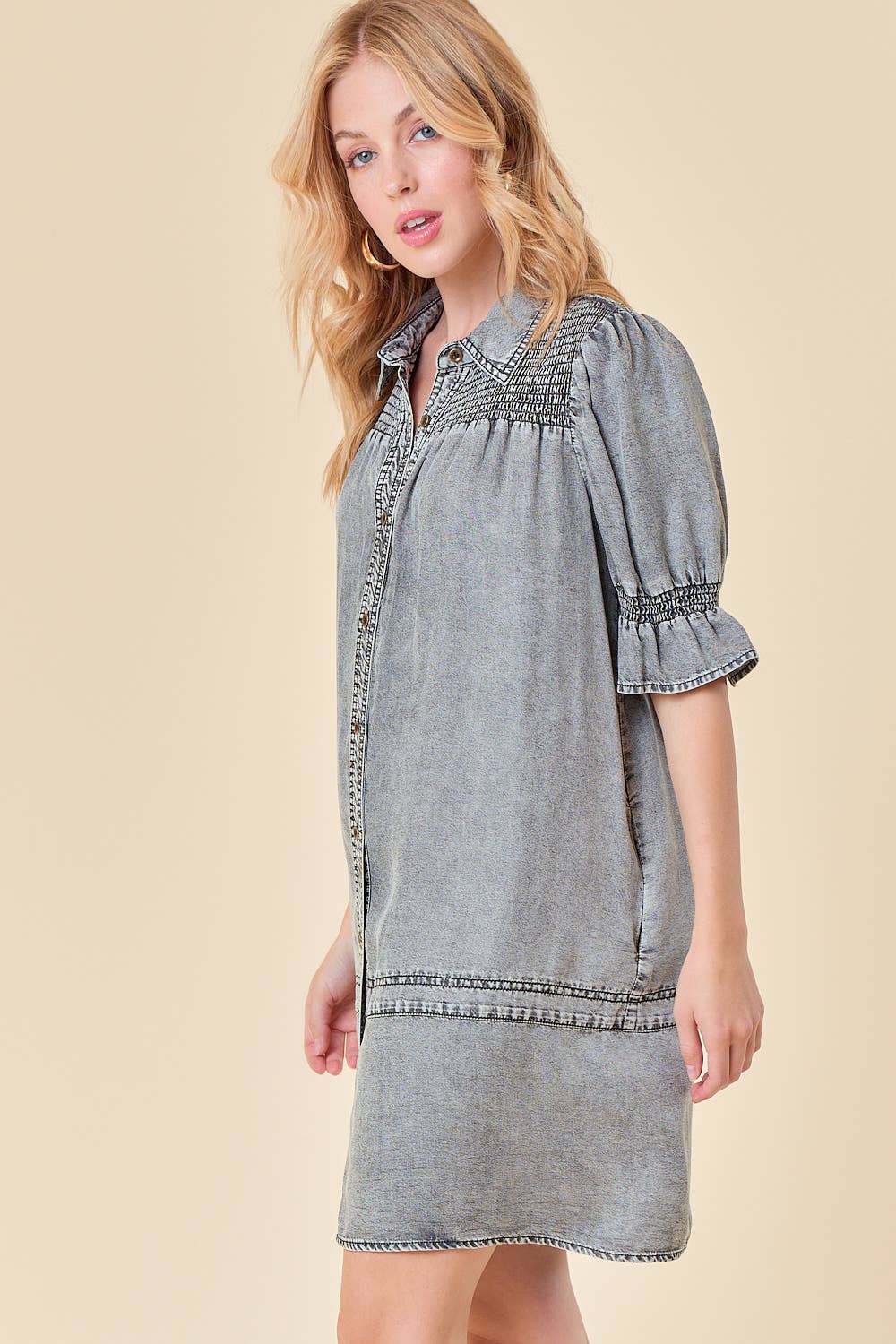 SMOCKED YOKE BUTTON DOWN DENIM DRESS