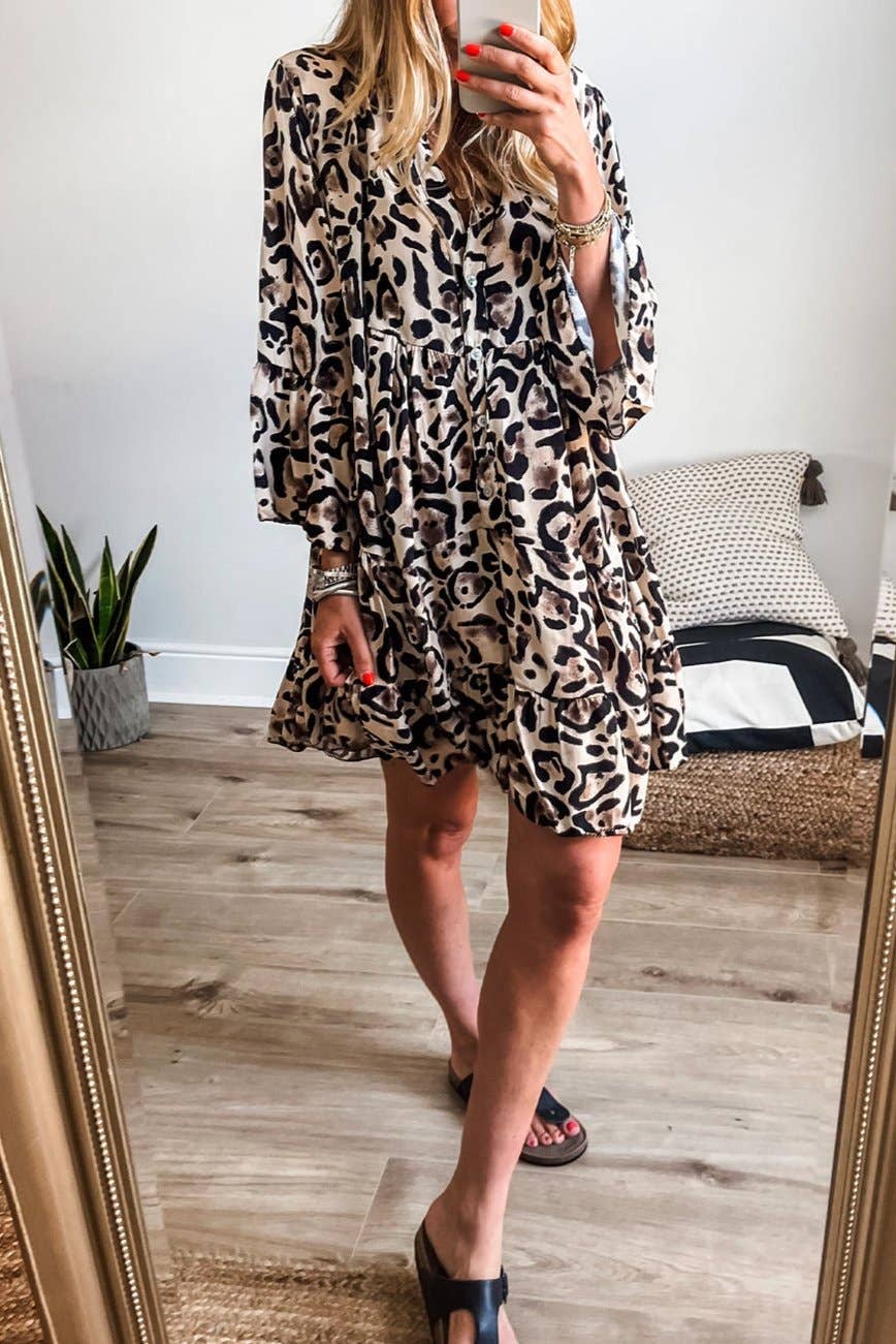 Leopard 3/4 Sleeve Ruffle Hem Dress