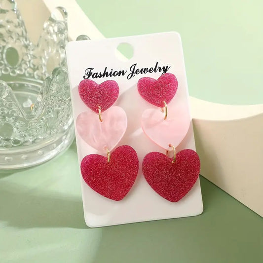 Pink 3 Heart Sparkle Earrings