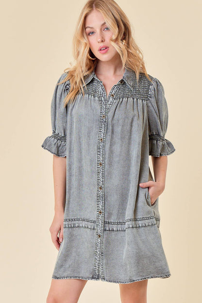 SMOCKED YOKE BUTTON DOWN DENIM DRESS