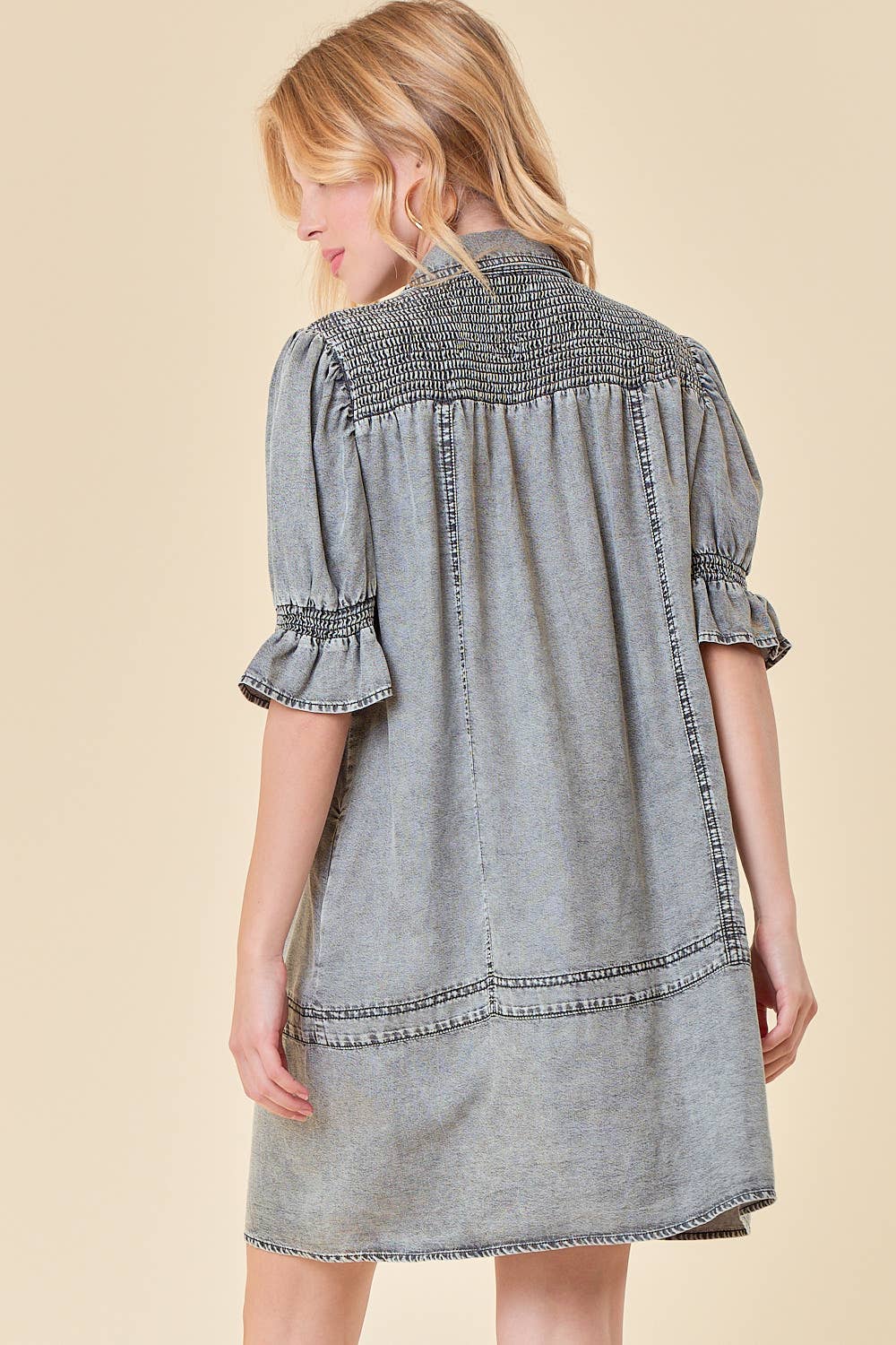 SMOCKED YOKE BUTTON DOWN DENIM DRESS