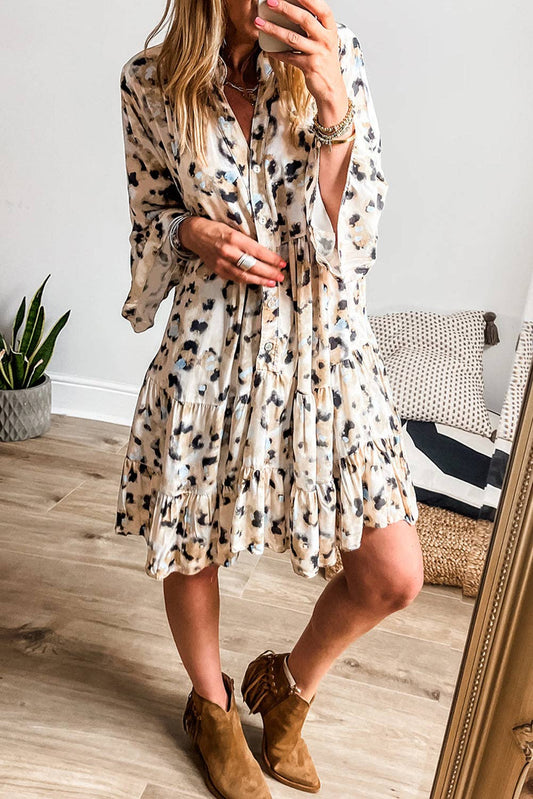 Leopard 3/4 Sleeve Ruffle Hem Dress