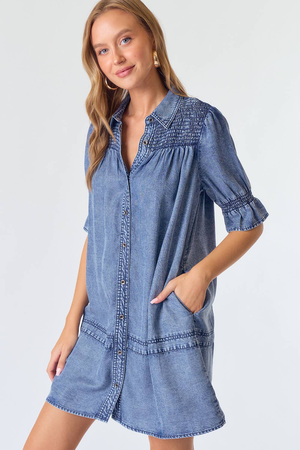 SMOCKED YOKE BUTTON DOWN DENIM DRESS