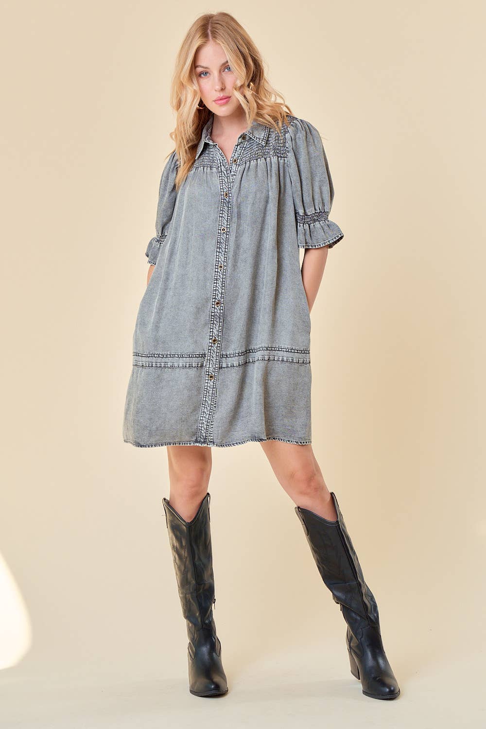 SMOCKED YOKE BUTTON DOWN DENIM DRESS