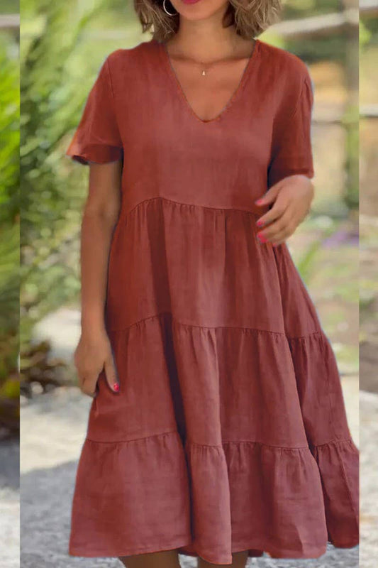 V-NECK SOLID COLOR LOOSE DRESS