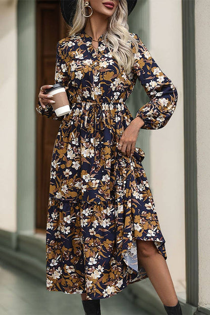 VINTAGE PRINT LONG SLEEVE V NECK DRESS