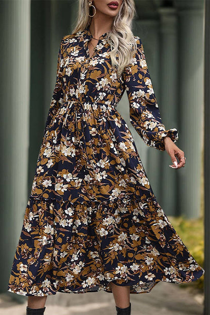 VINTAGE PRINT LONG SLEEVE V NECK DRESS