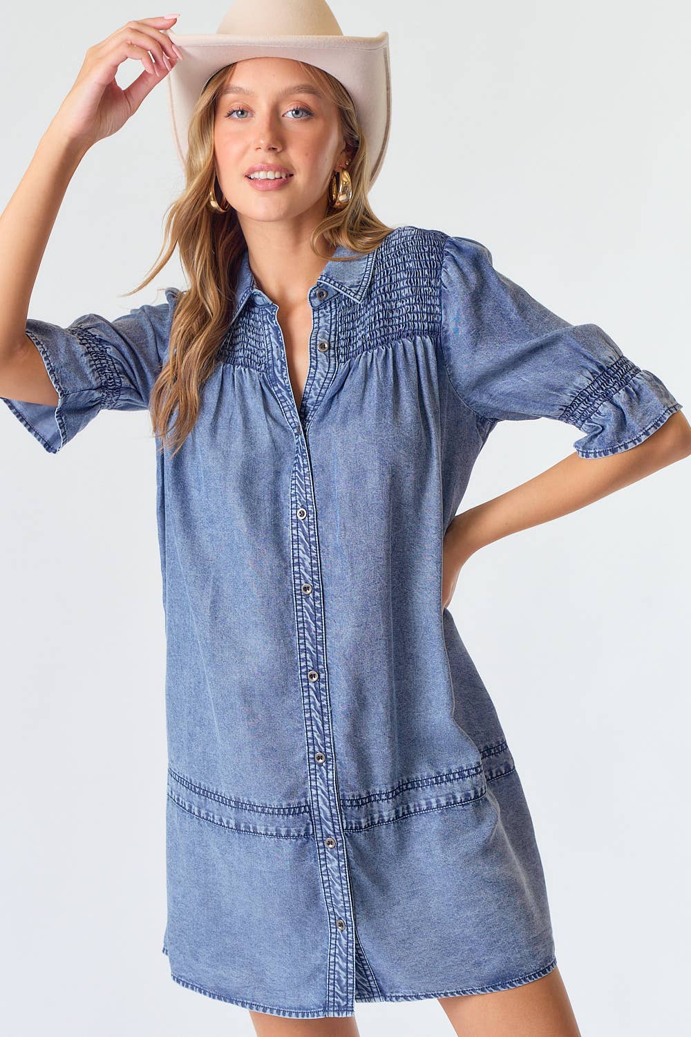 SMOCKED YOKE BUTTON DOWN DENIM DRESS