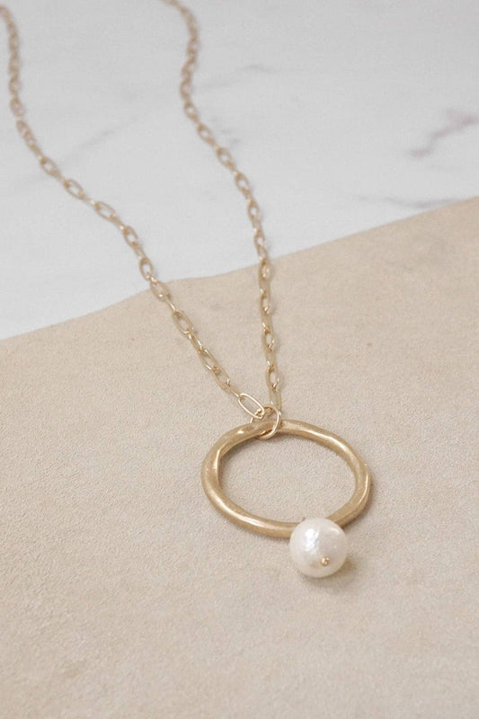 Long Boho Gold Necklace with Ring and Pearl