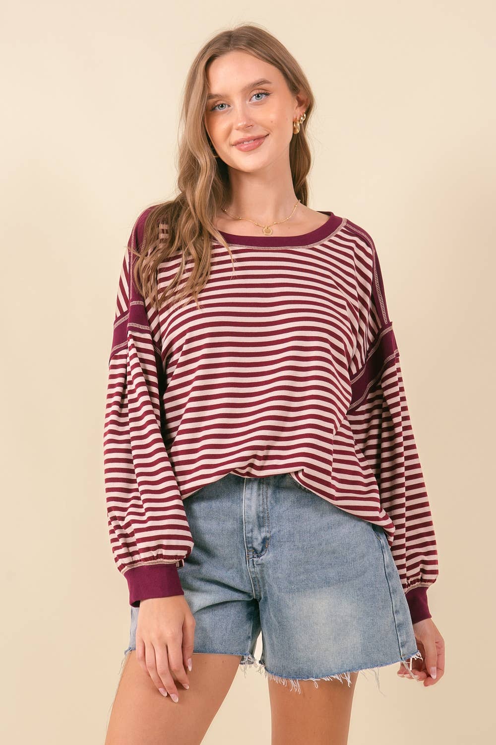 DROP SHOULDER PUFF STRIPED OVERSIZED TOP