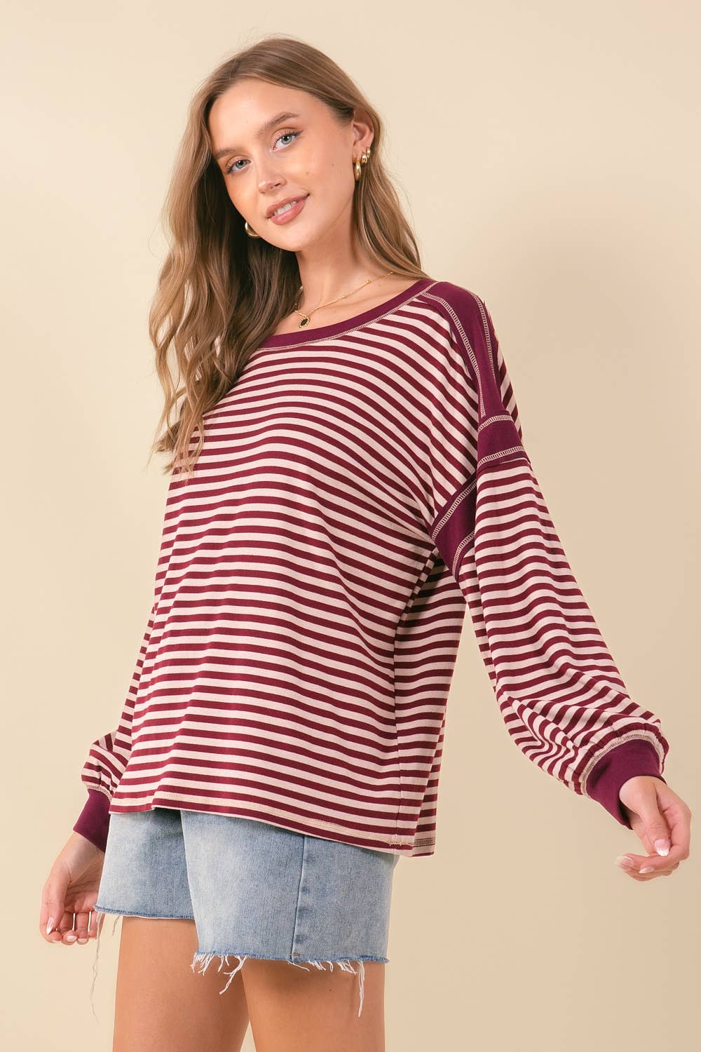 DROP SHOULDER PUFF STRIPED OVERSIZED TOP