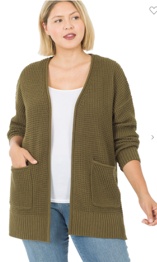 LOW GAUGE WAFFLE OPEN CARDIGAN SWEATER - Dusty Olive