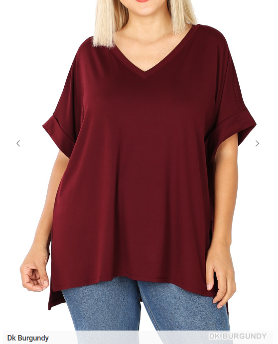 PLUS BRUSHED  ROLLED SHORT SLEEVE V-NECK TOP Burgundy