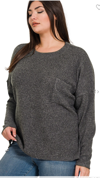 RIBBED BRUSHED MELANGE HACCI SWEATER W POCKET