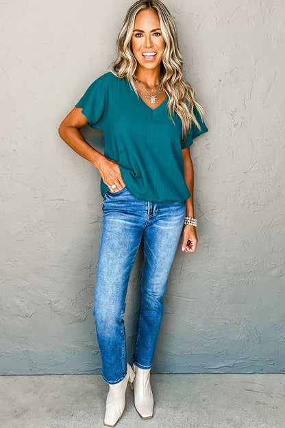 Crinkled V Neck Wide Sleeve T-shirt