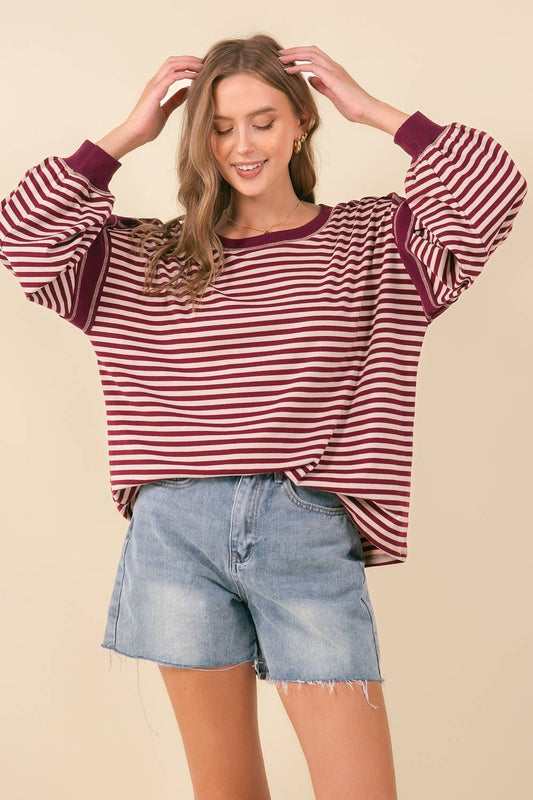 DROP SHOULDER PUFF STRIPED OVERSIZED TOP