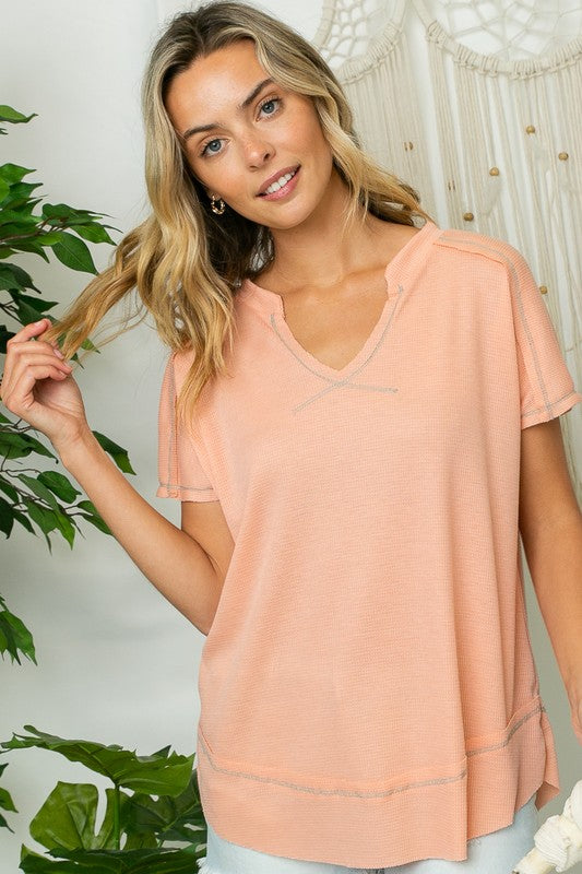 PLUS SOLID WAFFLE V NECK TOP