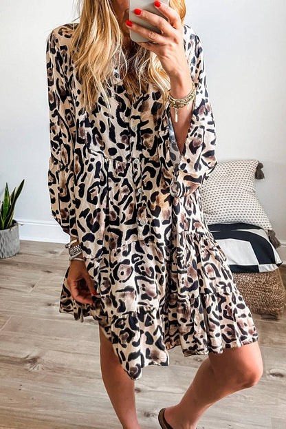 Leopard 3/4 Sleeve Ruffle Hem Dress