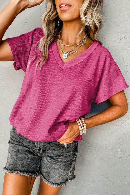 Crinkled V Neck Wide Sleeve T-shirt