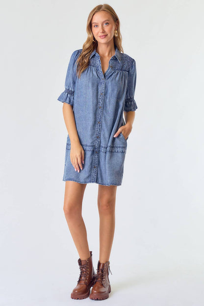 SMOCKED YOKE BUTTON DOWN DENIM DRESS