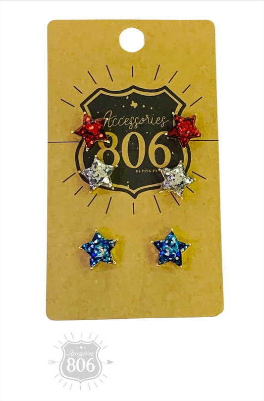 Red, silver and blue acrylic star earring set