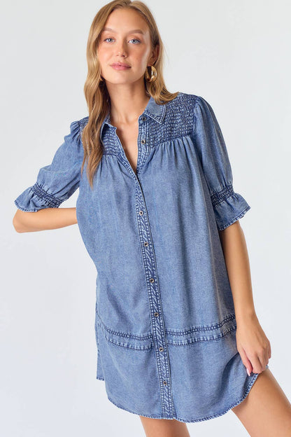 SMOCKED YOKE BUTTON DOWN DENIM DRESS