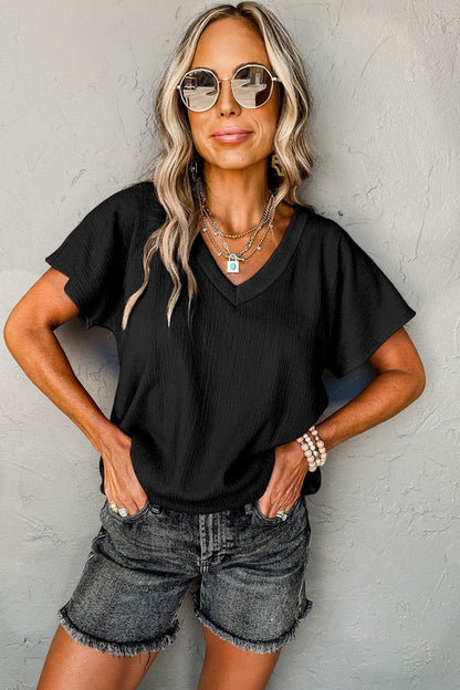 Crinkled V Neck Wide Sleeve T-shirt