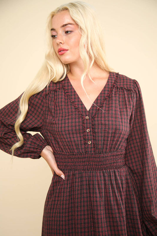 V-Neck Smocking Long Sleeve Plaid Midi Dress