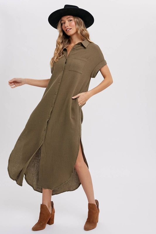 BUTTON UP MAXI SHIRT DRESS WITH POCKET