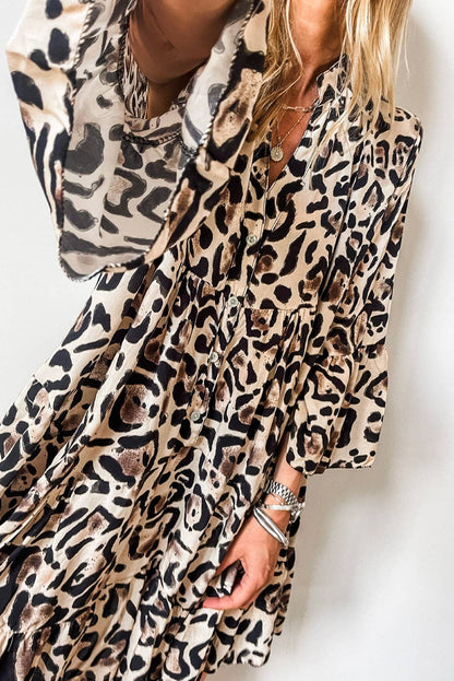 Leopard 3/4 Sleeve Ruffle Hem Dress