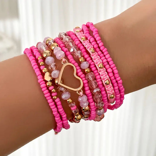 Pink Heart Glass Beaded Bracelet