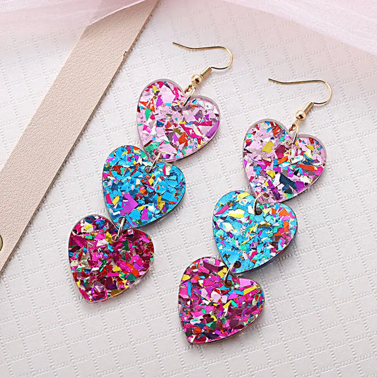 Sequin Acrylic Triple Heart Earrings